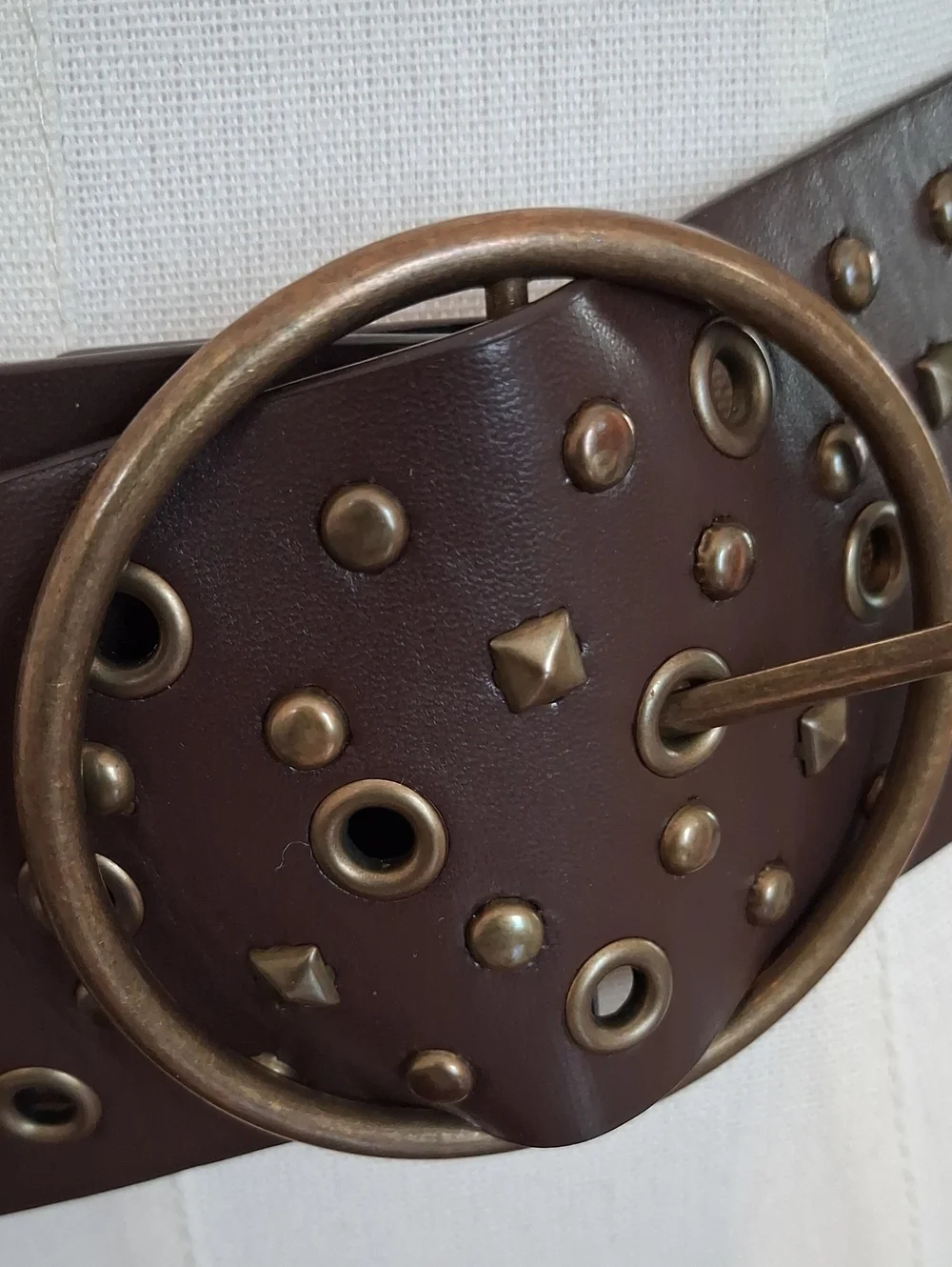 Brown Studded Wide Belt Boho Western Faux Leather Grommet Buckle Size Small